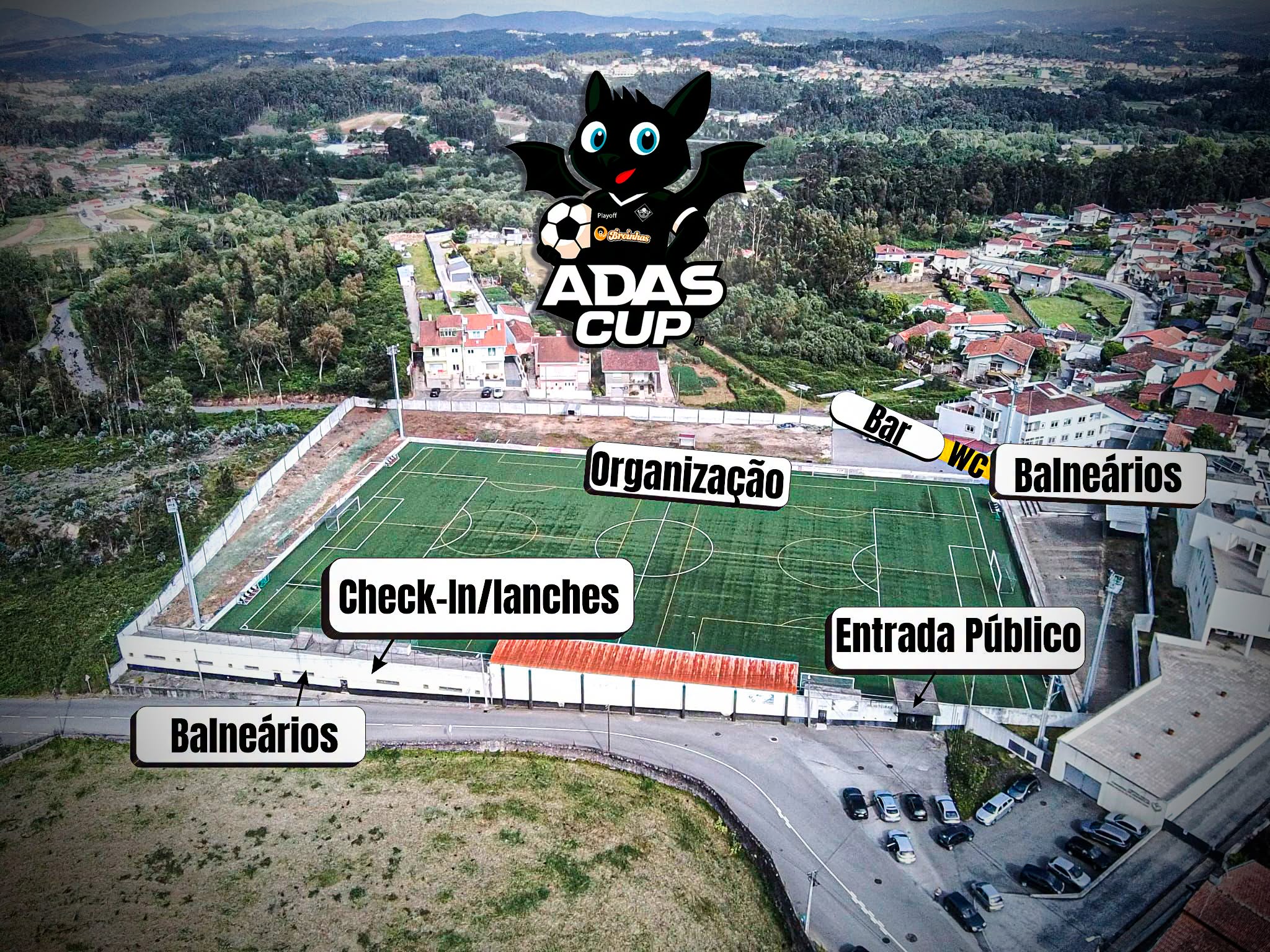 Mapa do recinto ADAS Cup 2026 com entradas, balne&aacute;rios, organiza&ccedil;&atilde;o, bar, WC e check-in